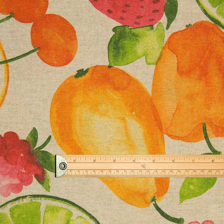 Acrylic Coated Wipe Clean Tablecloth Fabric - Mirha Fruit Salad - pictured with a wooden ruler to show scale.
