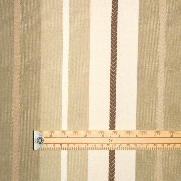 Acrylic Coated Fabric: Mirha Yarn Dyed Tweed Stripe. Pictured with a wooden rule to show scale.