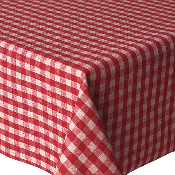 Acrylic Oilcloth - Mirha Yarn Dyed: Gingham Check - Cranberry. Pictured on a table