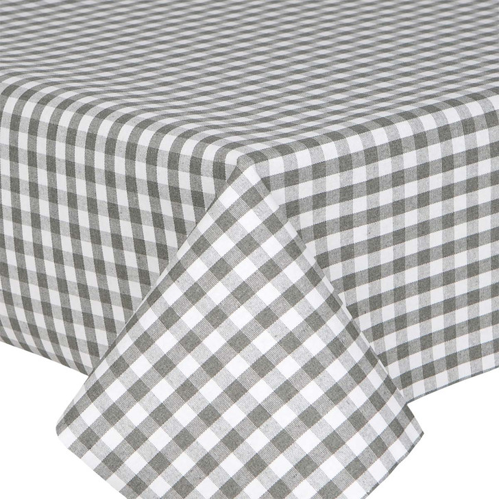 Acrylic Oilcloth - Mirha Yarn Dyed: Gingham Check - Grey. Pictured on a table