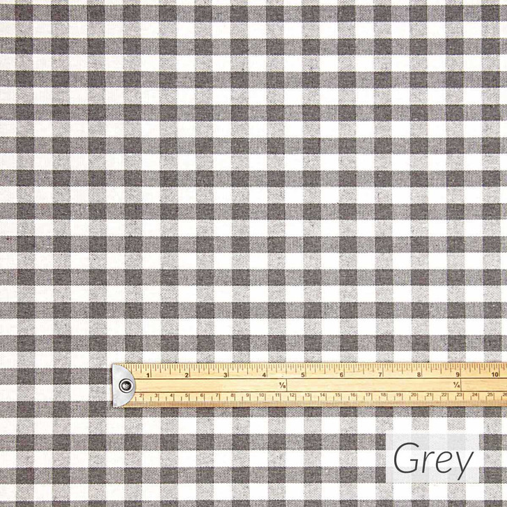 Wipe Clean Fabric- Mirha Yarn Dyed: Gingham Check - Grey. Pictured with a wooden ruler to show scale