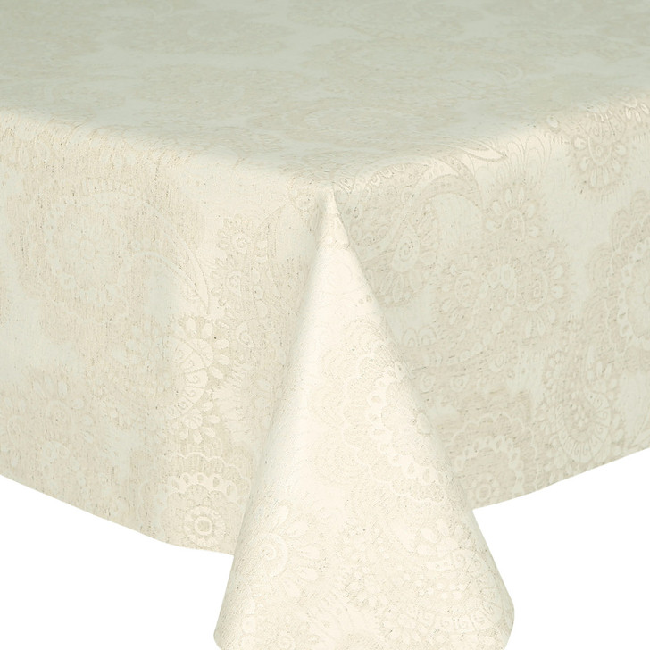Murcia Plus Klimt Lino wipe clean tablecloth - pictured on a table.