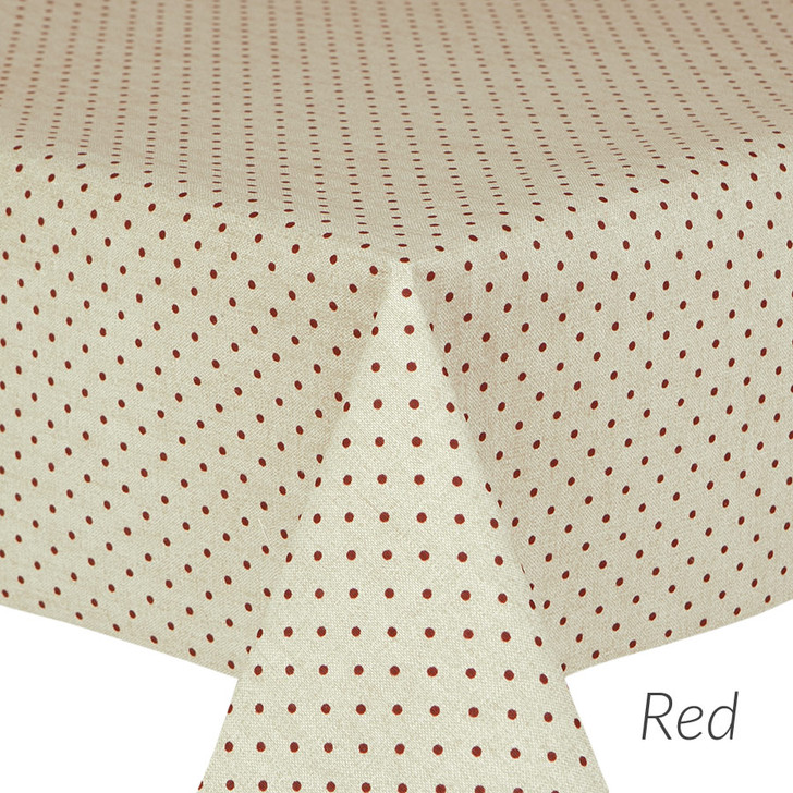 Wipe Clean Tablecloth. Living Dottie - Red. Pictured on a table