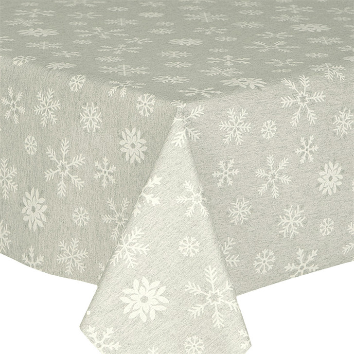 Living Sparkle Grey Pearl Christmas Tablecloth Acrylic Coated Wipe Clean shown on a table.