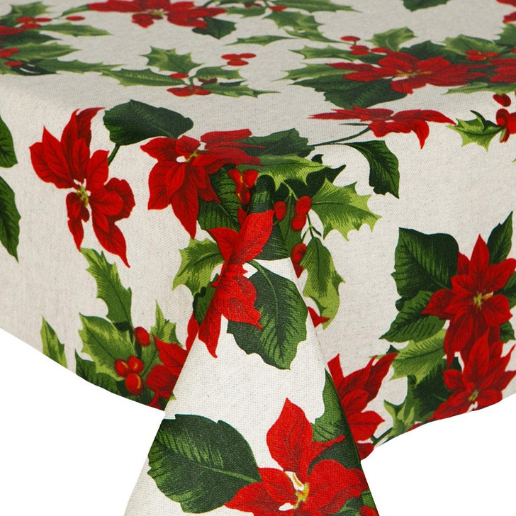 Wipe Clean Tablecloth - Mirha Poinsettia  - pictured draped on the corner of a table