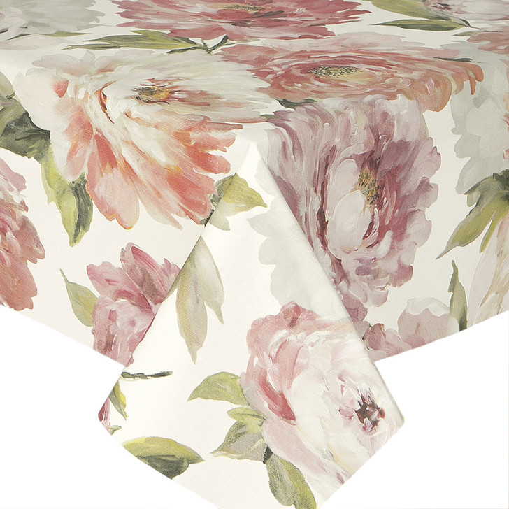 Acrylic Coated Tablecloth - Digital Peony. Pictured on a table