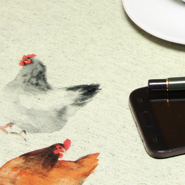 Wipe Clean Tablecloth - Digital Chicken Coop. Pictured close to show weave and  texture.