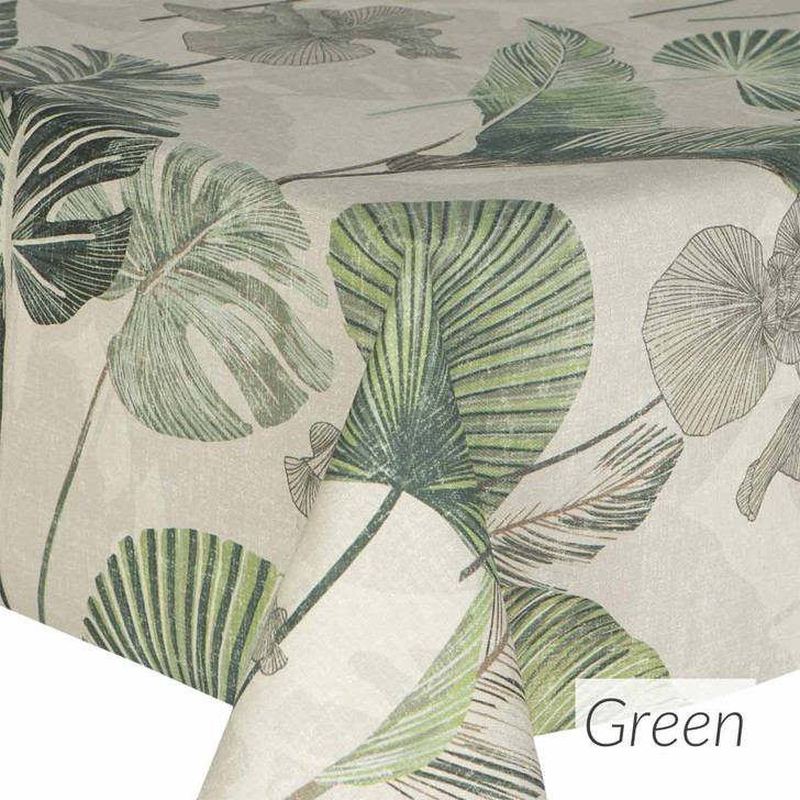 Wipe Clean Tablecloth - Digital: Kalani - Green - pictured on a table.