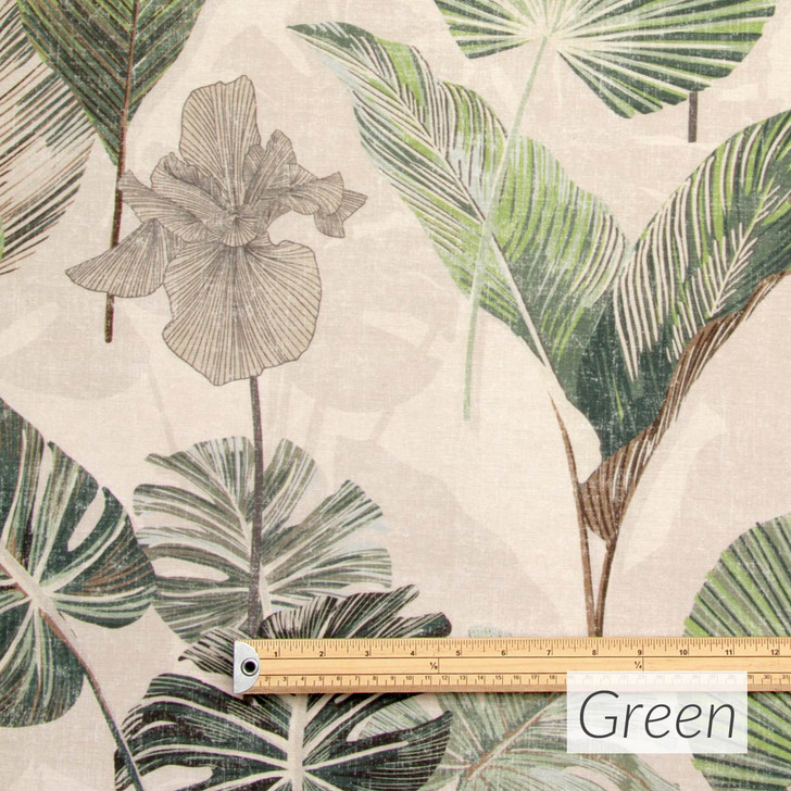 Acrylic Coated Fabric - Digital: Kalani - Green - pictured with a wooden metre rule to show scale.