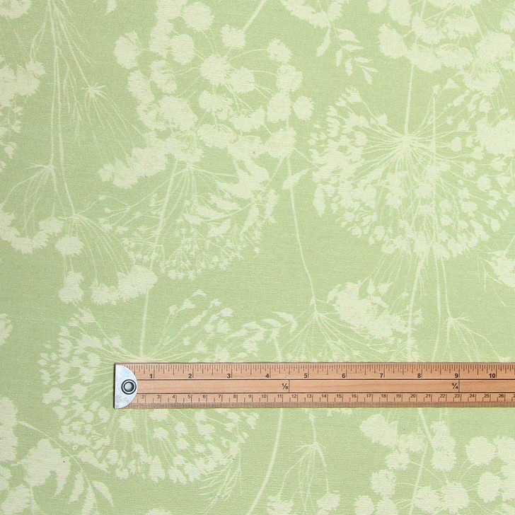Wipe-clean Fabric: Navarra: Ceres Verde. Pictured with a wooden ruler to show scale