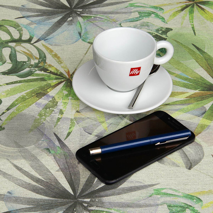 Acrylic Coated Fabric. Culla: Amanda - pictured with a cup and saucer, 'phone, pen and coins.