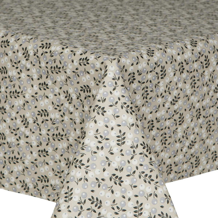 Living Neutral Berries wipe clean acrylic coated tablecloth pictured on a table