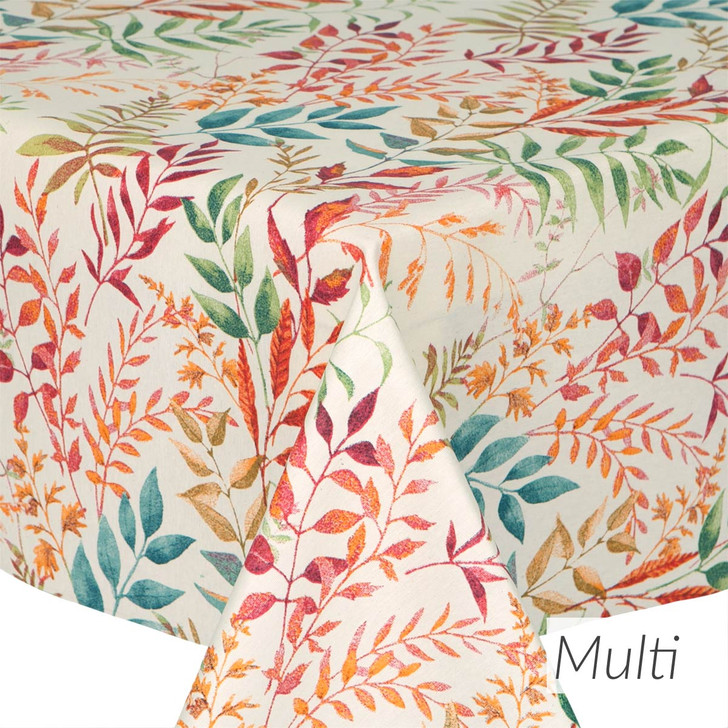 Acrylic Coated Tablecloth: Living Maracaibo - Multi, pictured spread on a table.