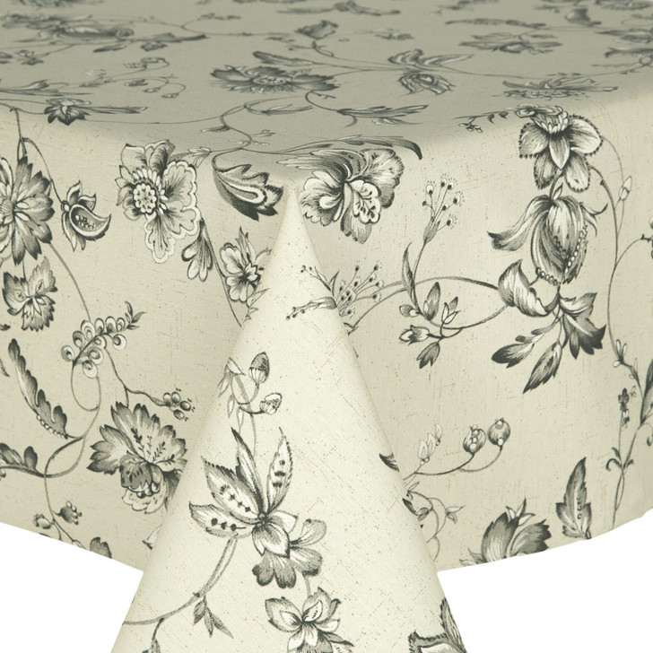 Wipe Clean, Acrylic Coated Fabric- Loneta: Freddy Black. Pictured draped on a table.