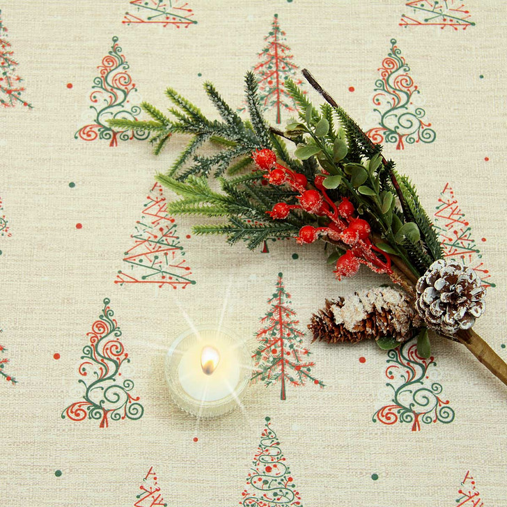 Acrylic Coated Christmas Fabric:  Culla Christmas Trees- pictured with a votive tealight candle and seasonal greenery.