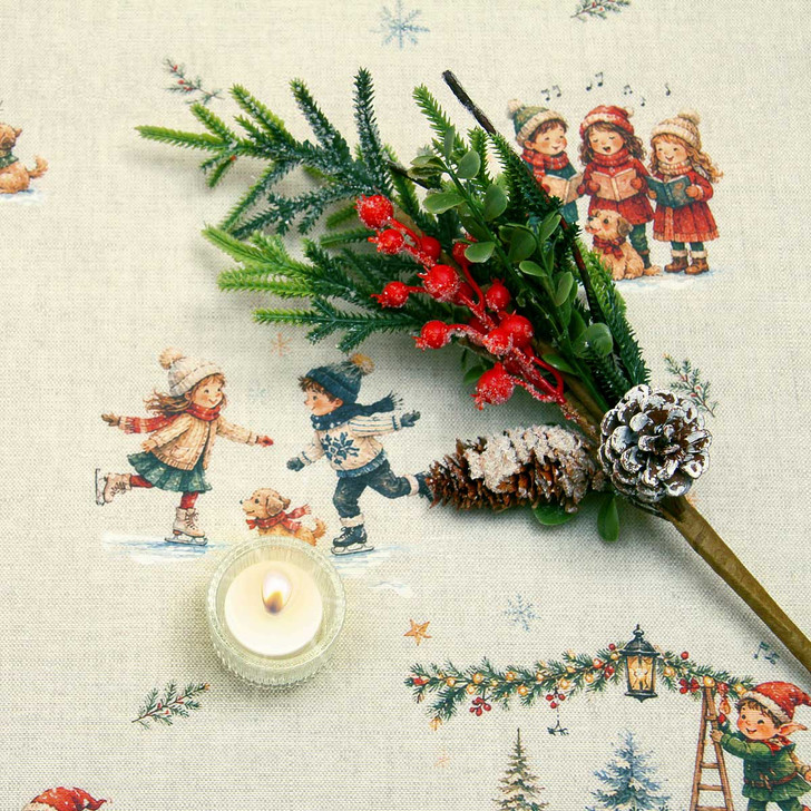 Acrylic Coated Christmas Fabric: Culla Carols - pictured with a votive tealight candle and seasonal greenery.