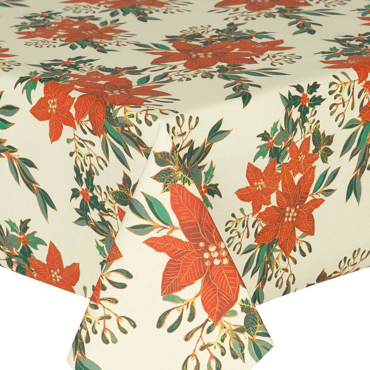 Navarra Christmas Flowers wipe clean acrylic coated tablecloth pictured on a table.