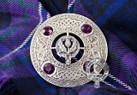 Scottish thistle crest centered on fly plaid brooch
