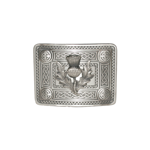 Celtic Design Buckle Raised Bosses - Antique Silver with Thistle Crest