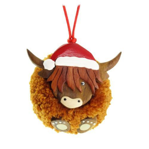 Highland Cow Pom Pom Christmas Tree Decoration