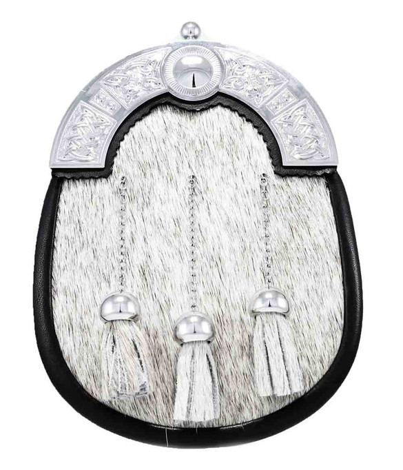 Economy Ivory sporran. Chrome cantle and tassles. Short hair sporran.