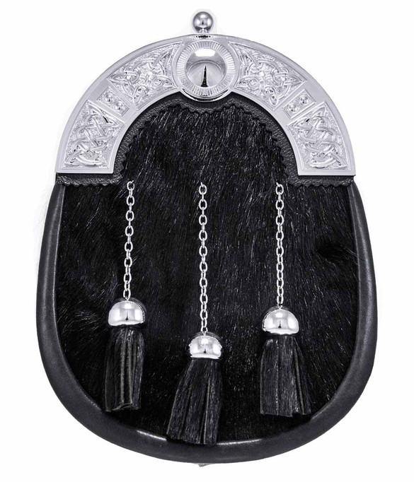 Economically friendly Black Formal Sporran. Chrome cantle and thistles.