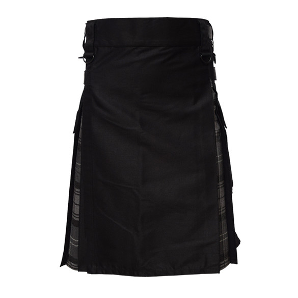Black Utility Kilt with Grey Tartan Pleats