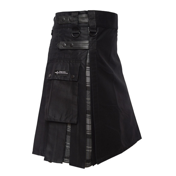 Black Utility Kilt with Grey Tartan Pleats