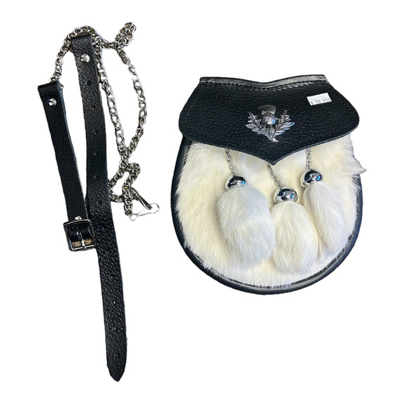 Ivory Rabbit Hair with Black Leather Sporran and Sporran Chain