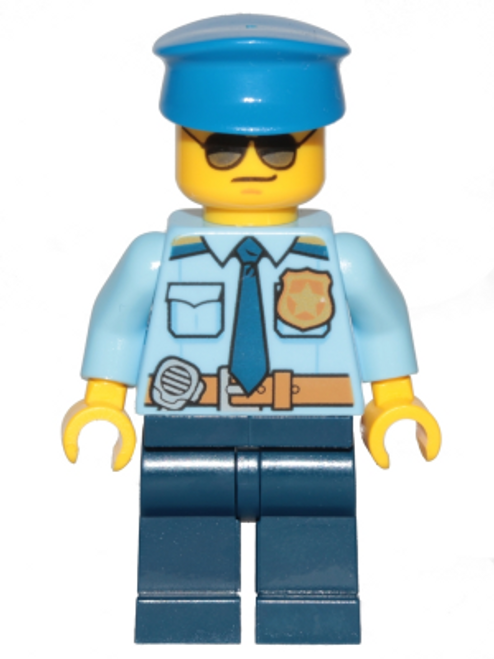 Police Minifigure - City Officer Shirt with Dark Blue Tie and Gold Badge, Dark Tan Belt with Radio, Dark Blue Legs, Police Hat, Sunglasses (cty0888)