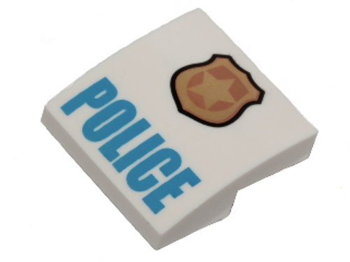 Slope, Curved 2x2 No Studs with gold badge and POLICE (White)