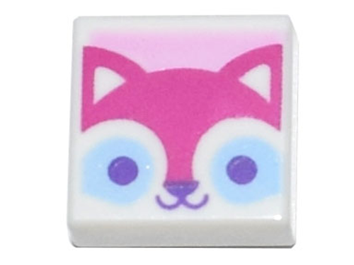 Tile 1x1 with Groove with Magenta Cat Face with Bright Light Blue and Dark Purple Eyes on Bright Pink Background Pattern (White)