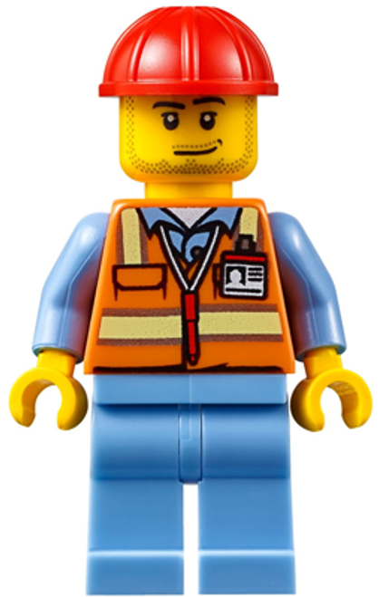 Orange Safety Vest with Reflective Stripes, Medium Blue Legs, Male Minifigure (air050)