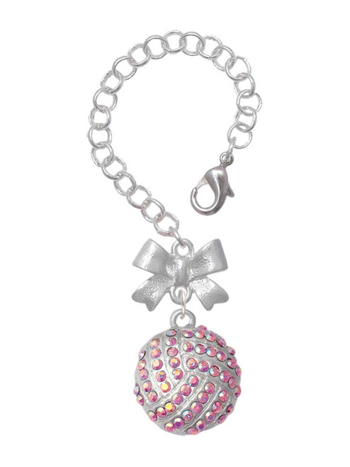 Silver Plated Large Super Sparkle Crystal Pink AB Volleyball - Bow Charm Accessory for Tumblers and Thermal Cups
