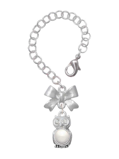Silver Plated 3-D Imitation Pearl & Clear Crystal Owl - Bow Charm Accessory for Tumblers and Thermal Cups