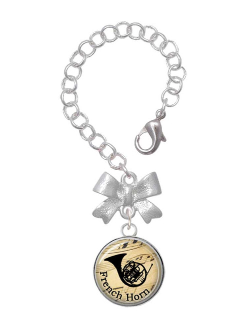 Silver Plated Domed Music - French Horn - Bow Charm Accessory for Tumblers and Thermal Cups
