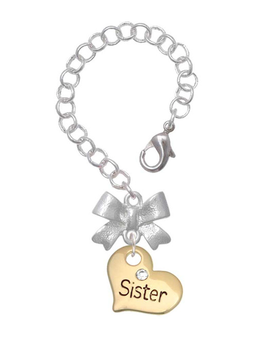 Gold-tone Large Sister Heart with Clear Crystal - Bow Charm Accessory for Tumblers and Thermal Cups