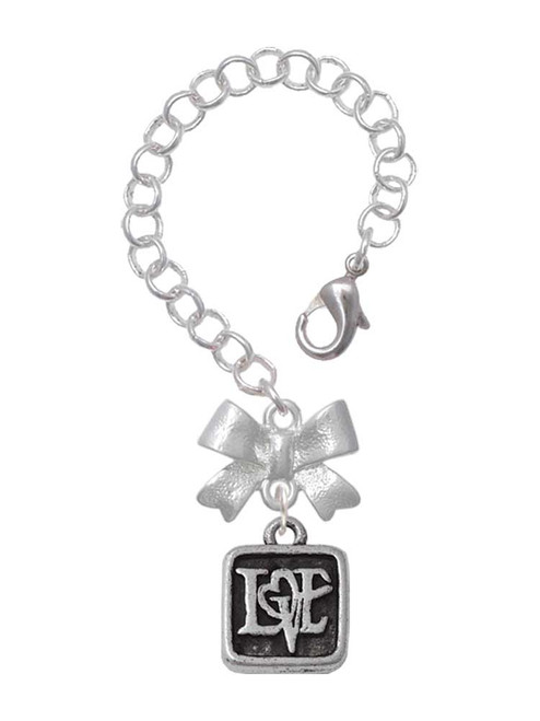 Silver Plated Antiqued Square Seal - Love with Heart - Bow Charm Accessory for Tumblers and Thermal Cups