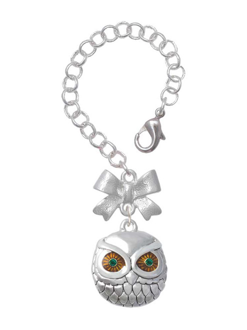 Silver Plated Large Round Owl with Green Crystal Eyes - Bow Charm Accessory for Tumblers and Thermal Cups