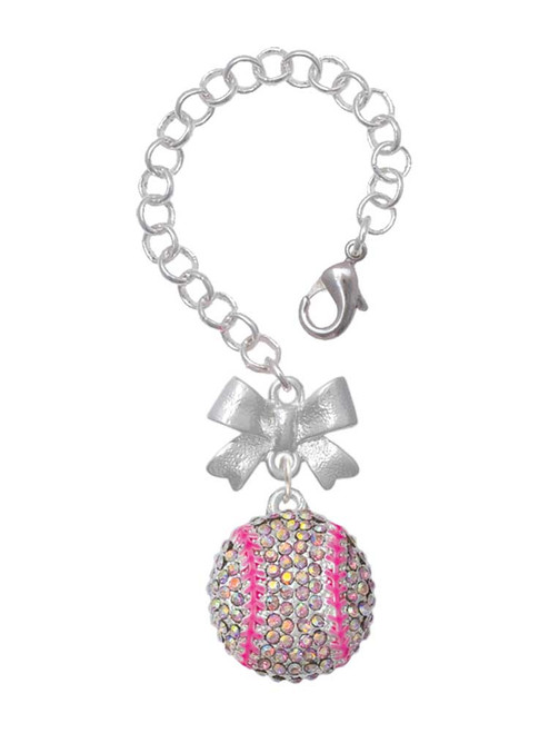 Silver Plated Large Super Sparkle Crystal Pink AB Softball - Bow Charm Accessory for Tumblers and Thermal Cups