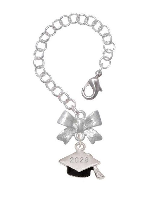 Silver Plated 3-D Graduation Hat with 2028 - Bow Charm Accessory for Tumblers and Thermal Cups