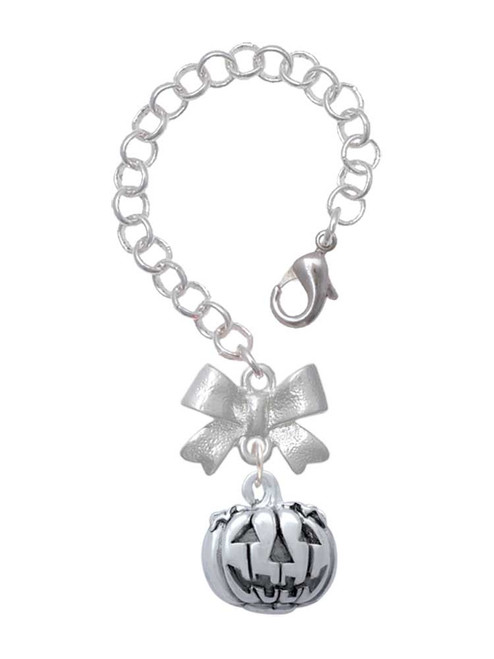 Silver Plated 3-D Large Jack O' Lantern with Leaves - Bow Charm Accessory for Tumblers and Thermal Cups