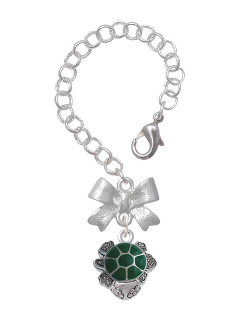 Silver Plated Green Enamel 2-D Turtle Spinner - Bow Charm Accessory for Tumblers and Thermal Cups