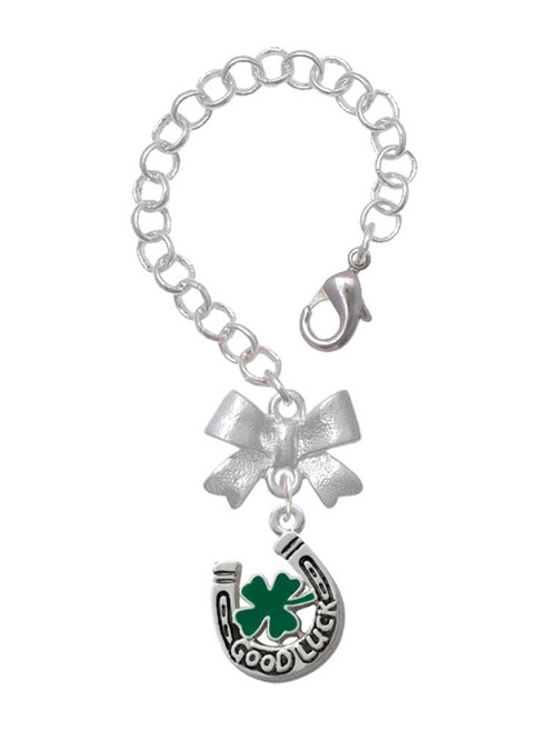 Silver Plated Good Luck Horseshoe with Green Four Leaf Clover - Bow Charm Accessory for Tumblers and Thermal Cups