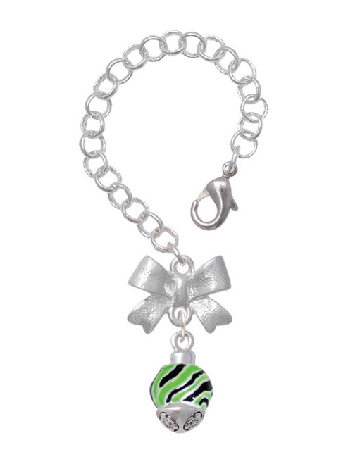 Silver Plated Wide Lime Green Zebra Print Band Spinner - Bow Charm Accessory for Tumblers and Thermal Cups