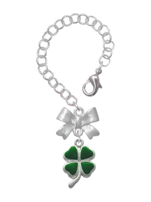 Silver Plated Green Four Leaf Clover with Heart Leaves - Bow Charm Accessory for Tumblers and Thermal Cups