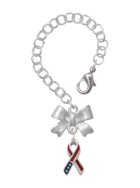 Silver Plated Patriotic Ribbon - Bow Charm Accessory for Tumblers and Thermal Cups