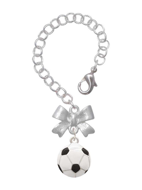 Silver Plated Large Enamel Soccer ball - Bow Charm Accessory for Tumblers and Thermal Cups