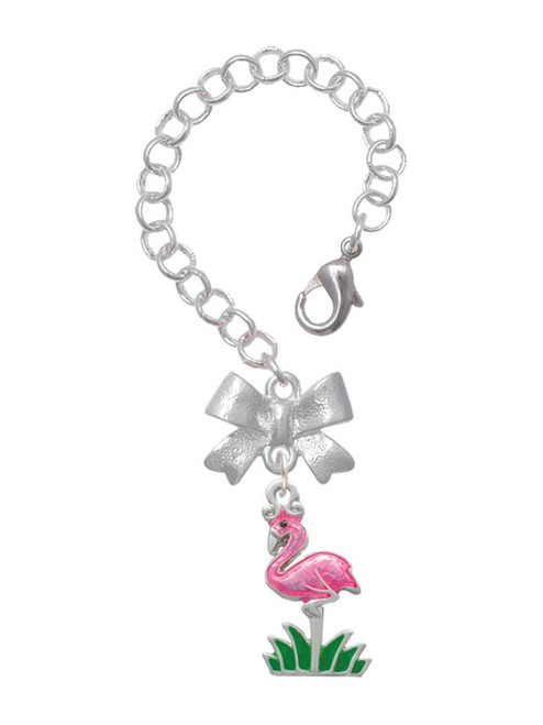 Silver Plated Hot Pink Enamel Flamingo with Grass - Bow Charm Accessory for Tumblers and Thermal Cups