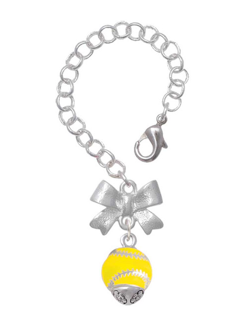 Silver Plated Yellow Softball with Stitching Spinner - Bow Charm Accessory for Tumblers and Thermal Cups